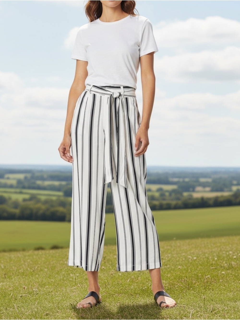 BB DAKOTA Belt with You Printed Stripe Pants in Optic White!